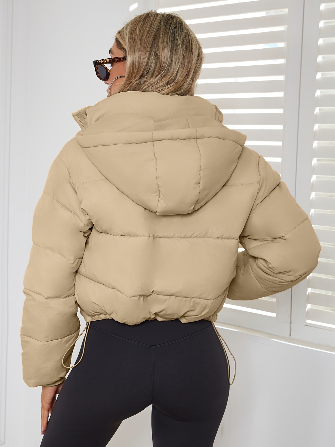 Women's Stylish Black Hooded Puffer Jacket - Casual Short Warm Outerwear with Drawstring Design, Long Sleeves, and Button-Up Front for Winter Comfort, Winter Jacket