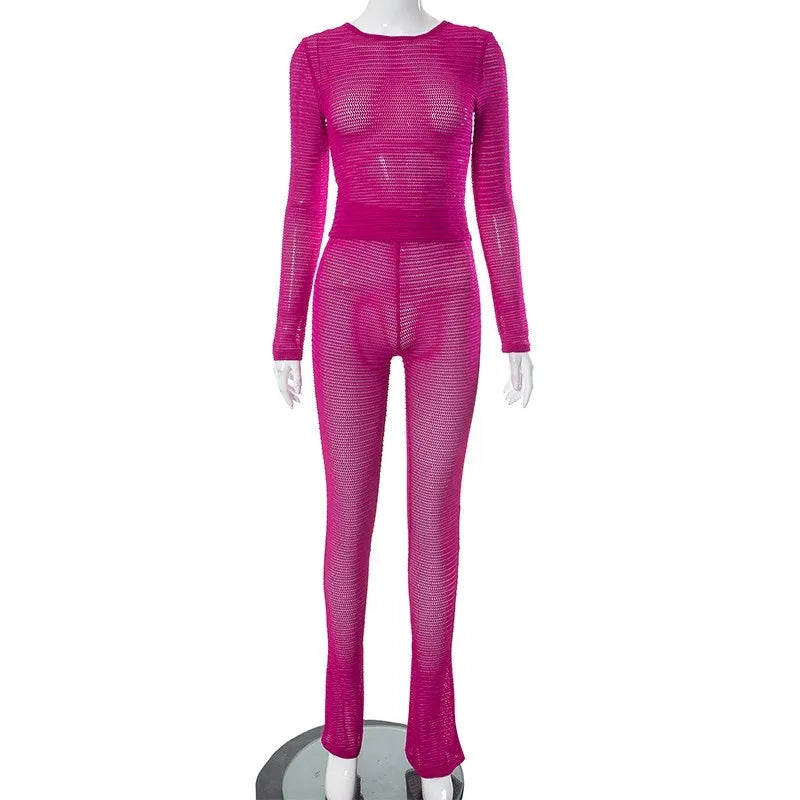 Weird Puss See Through Women 2 Piece Set Thin Sexy Long Sleeve Crop Tops+Leggings Matching Solid Summer Fashion Stretch Clubwear