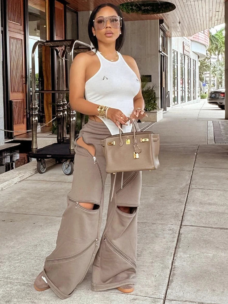 Weird Puss Zip Patchwork Pants Women Casual Sporty Solid Chic Devise Irregular Spring Fashion Basic Hipster Wide-Leg Trousers