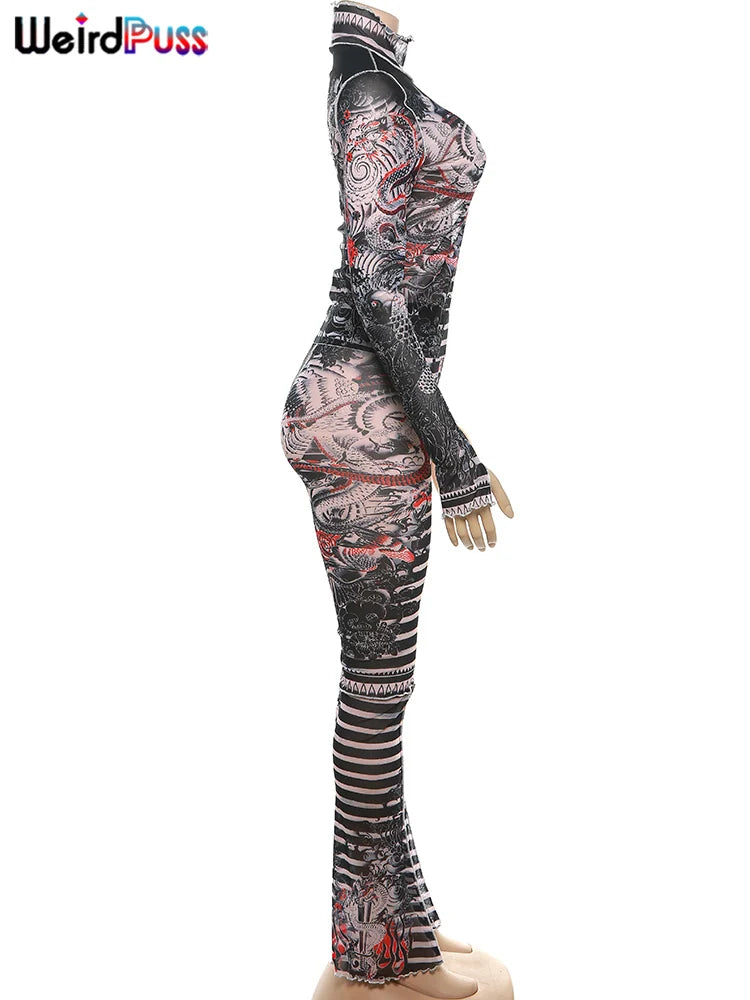 Weird Puss Aesthetic Print Sexy Women 2 Piece Set See Through Midnight Spring Turtleneck Crop Tops+Pants Stretch Skinny Clubwear