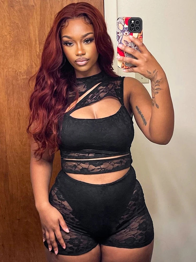 Weird Puss Sexy Hollow Playsuits Women Mesh Jacquard Patchwork Irregular Stretch Sleeveless Skinny Midnight Club Party Rompers