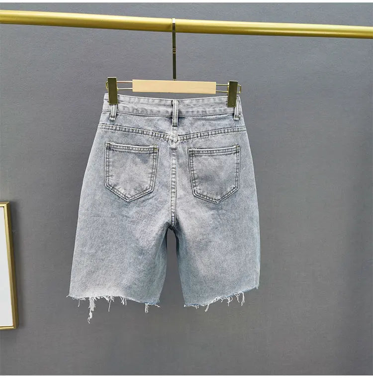 European ripped denim jeans 2025 summer new high-waist slim and heavy industry loose slimming five-point jeans