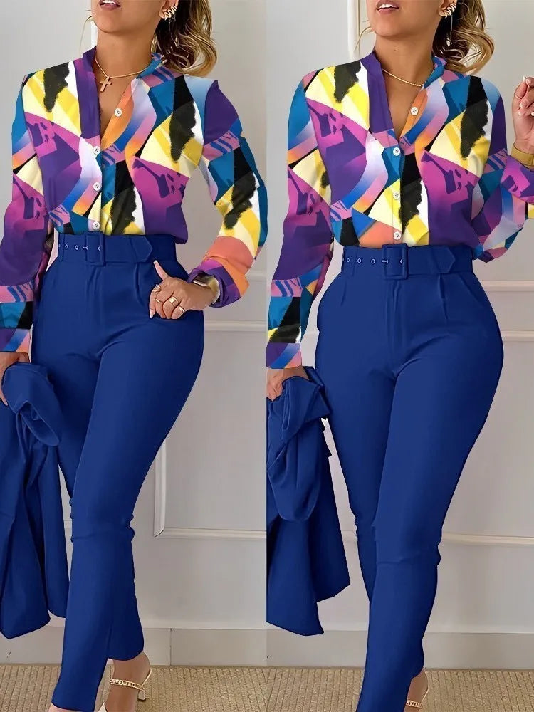 Autumn Winter Stand Neck Floral Print Long Sleeve Shirt Pants Two Piece Sets Elegant Women Casual Shirt Trousers Suits With Belt