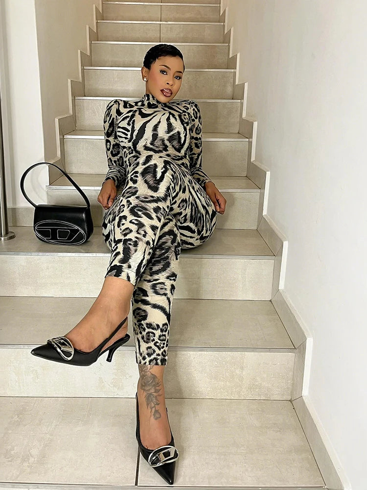 Nibber Peach Hip Leopard Print Jumpsuit Woman Autumn Trend Turtleneck Full Sleeve Skinny Hottie Midnight Sexy Fashion Overalls