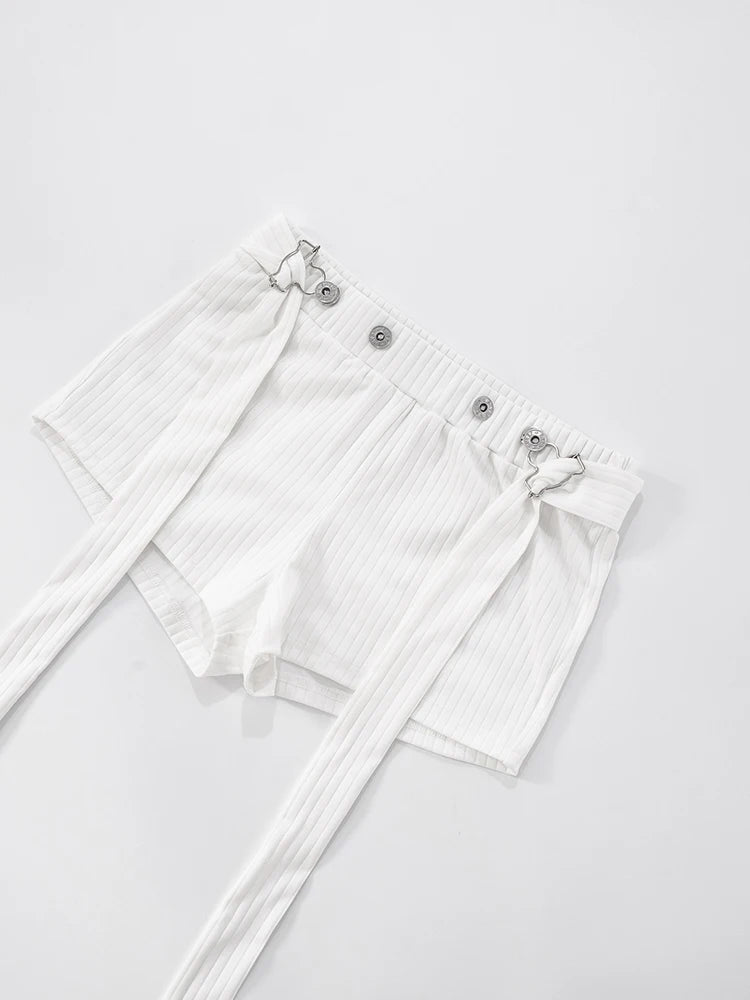 Weird Puss Metal Buckle Decoration 2 Piece Set Women Square Collar Tank Tops+Long Ribbon Shorts Hottie High Street Style Outfits