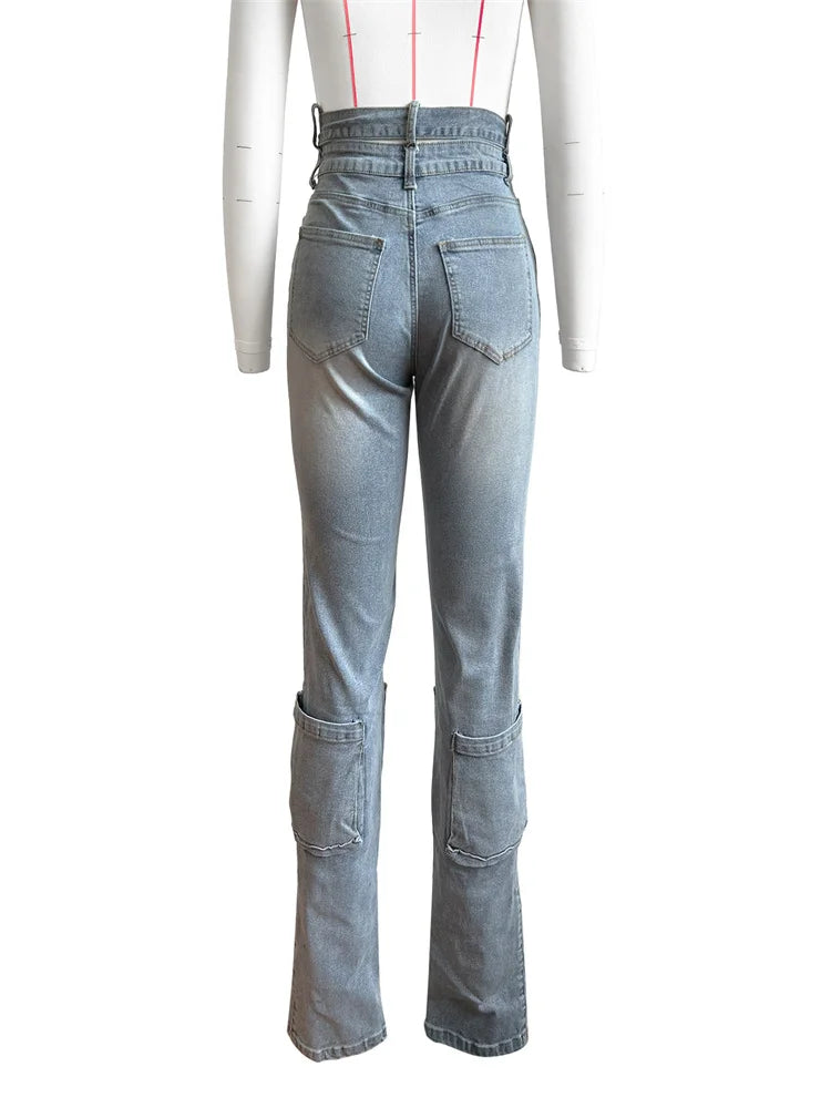 Weird Puss Distressed Irregular Jeans Women Button Zipper Waist Multiple Pockets Autumn Trend Skinny Stretch Streetwear Bottoms