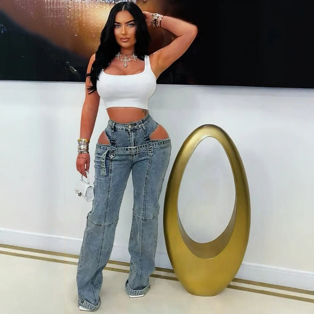 Women Sexy Belt Cut Out Jeans Fashion Streetwear Blue Washed Denim Pants 2025 Fall Winter High Waist Straight Leg Jean Trousers