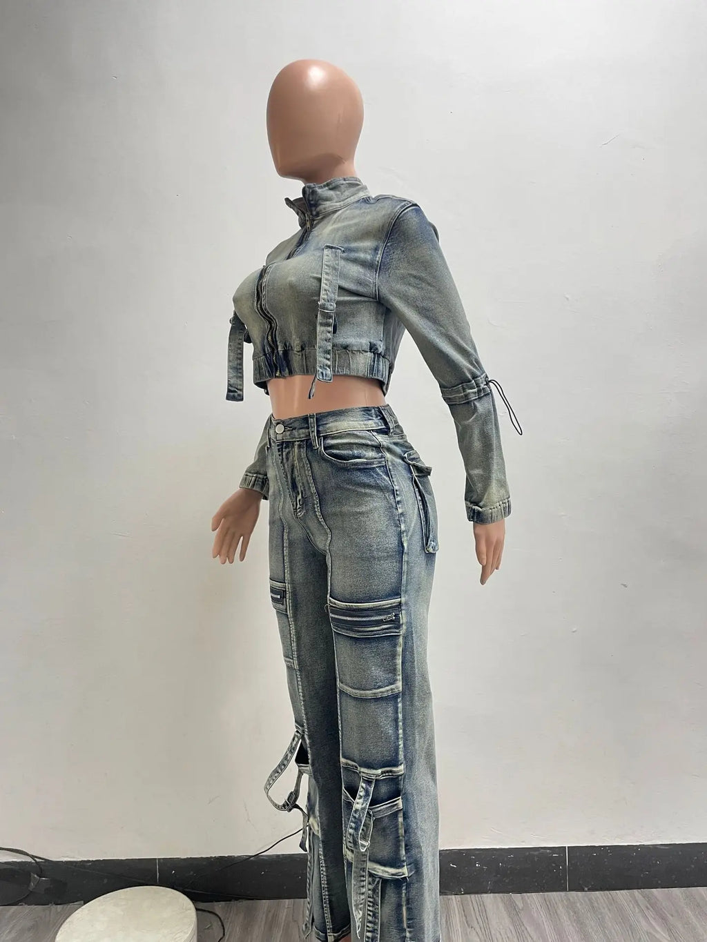 Denim Cropped Jackets 2 Piece Pant Set Sexy Outfits Y2K Streetwear 2024 Women Fall Winter Clothes Denim Jean Pant Two Piece Sets