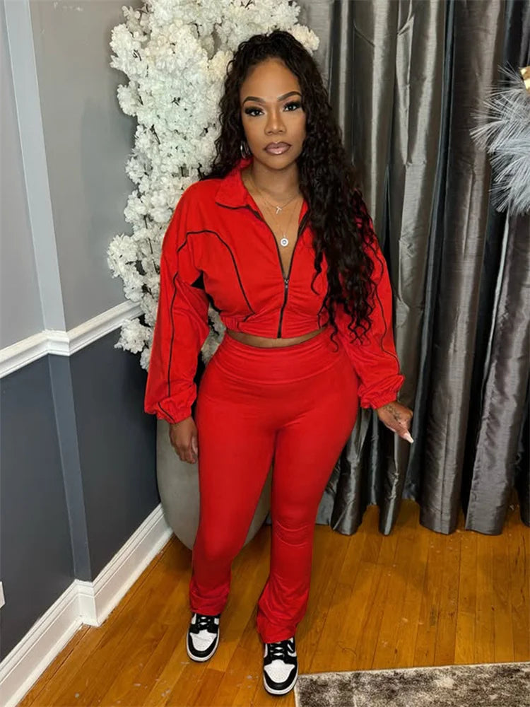 Weird Puss Casual 2 Piece Set Women Tracksuit Patchwork Full Sleeve Zip Elastic Hem Crop Jacket+Flared Pants Sporty Streetwear
