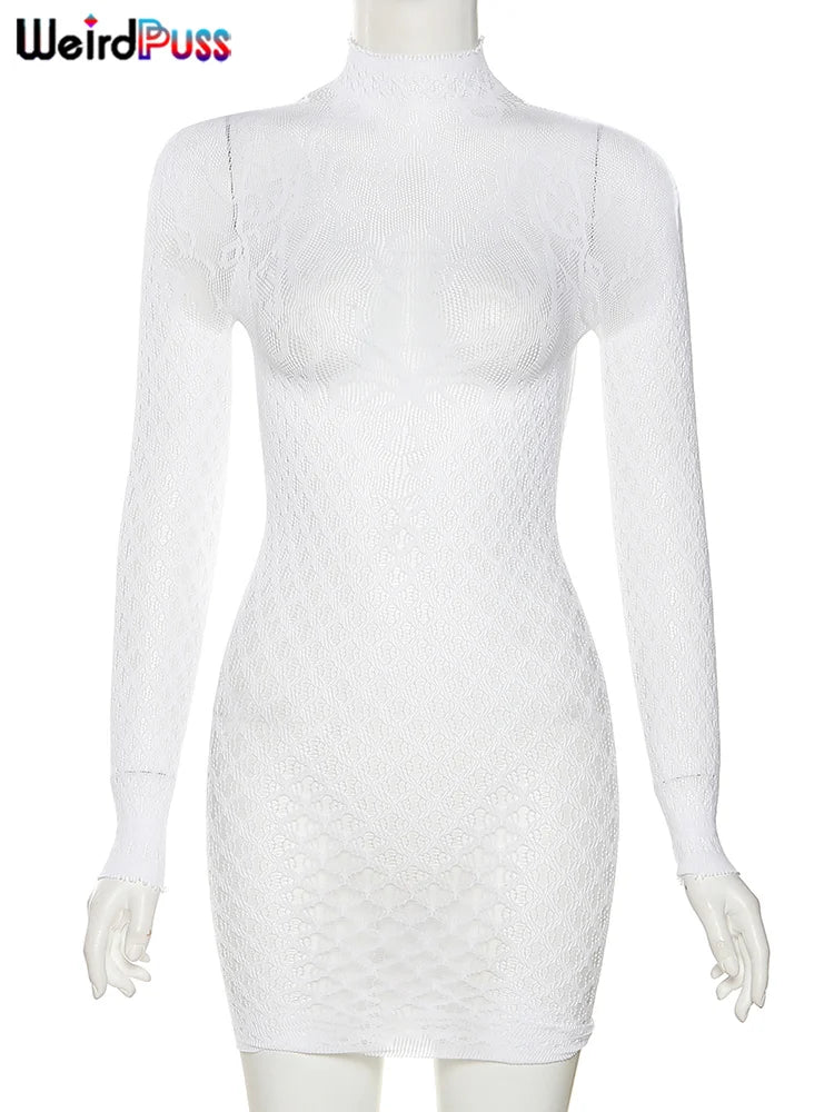 Weird Puss Sexy Women Dress See Through Long Sleeve Prom Coquette Backless Chic Pattern Mini Bodycon Midnight Party Clubwear