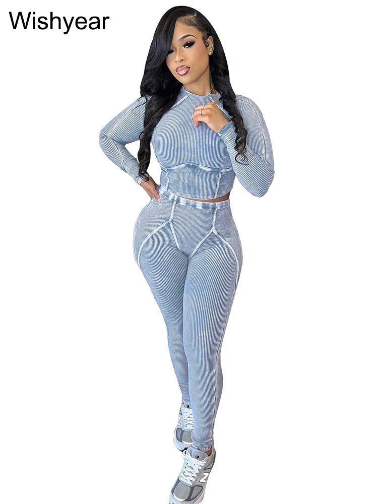 Fitness Blue Knitted Ribbed Street Jogging Tracksuits Women's Long Sleeve Crop Tops and Pants Two 2 Piece Sets Birthday Outfits