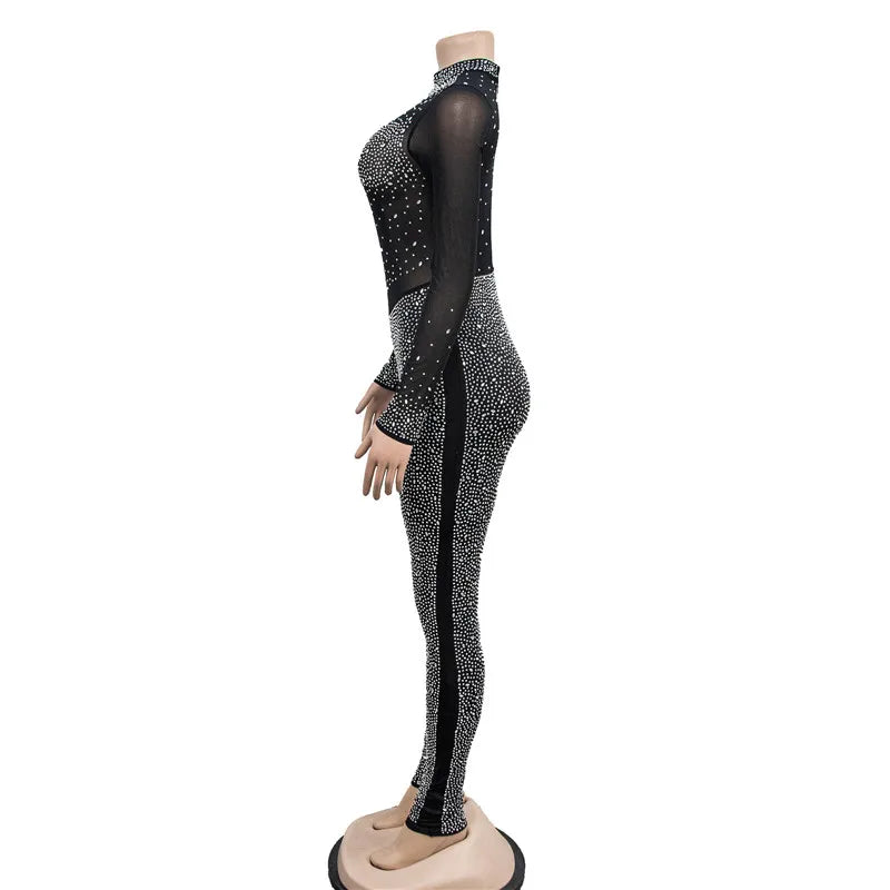 High Quality 2022 Long Sleeve Skinny Sexy Diamonds Jumpsuits Women High Neck Mesh See Through Black Club Party Jumpsuit Rompers