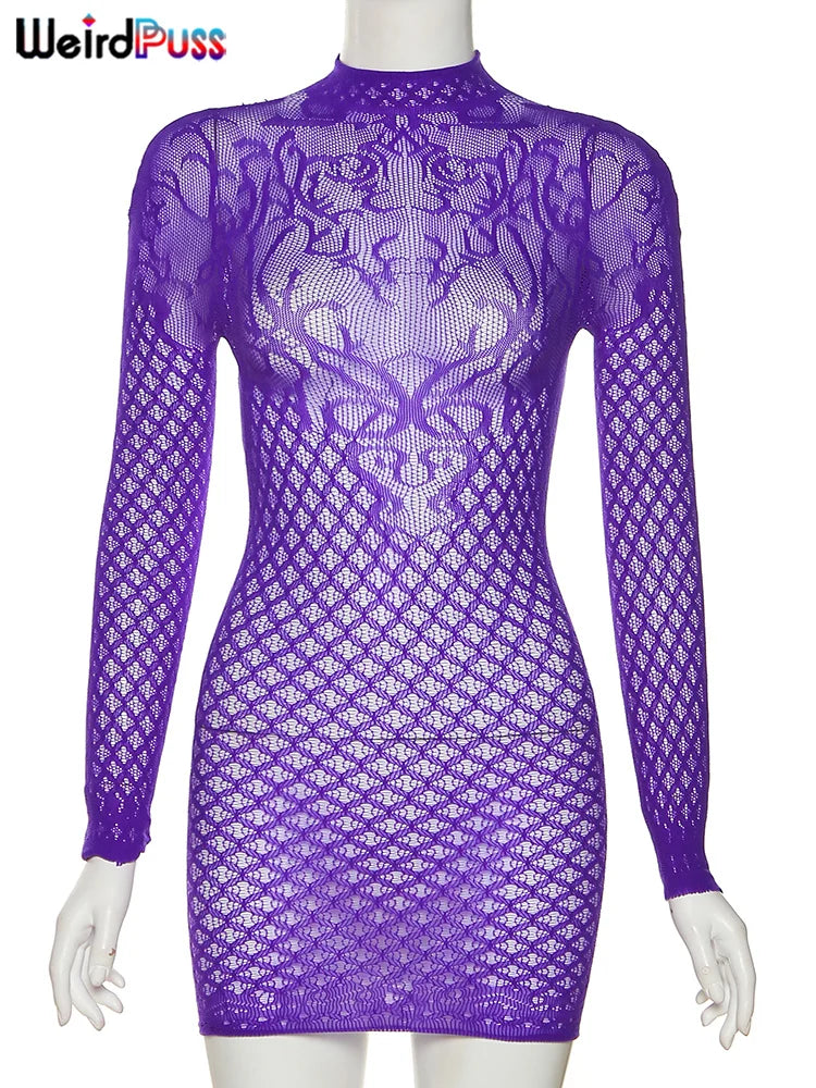 Weird Puss Sexy Women Dress See Through Long Sleeve Prom Coquette Backless Chic Pattern Mini Bodycon Midnight Party Clubwear