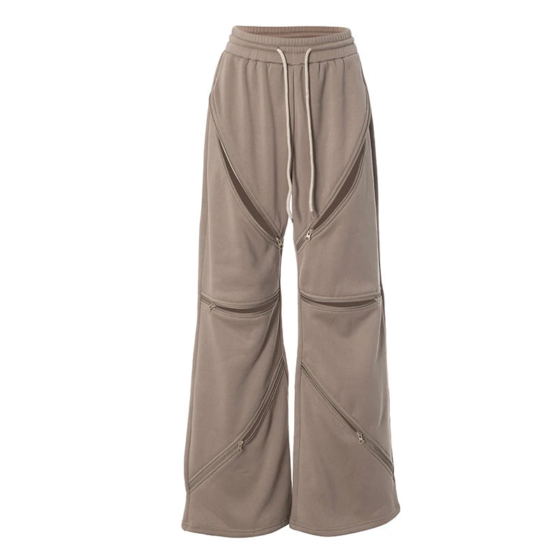Weird Puss Zip Patchwork Pants Women Casual Sporty Solid Chic Devise Irregular Spring Fashion Basic Hipster Wide-Leg Trousers