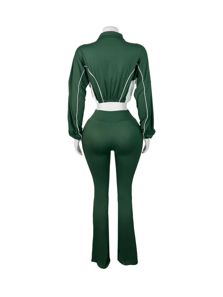 Weird Puss Casual 2 Piece Set Women Tracksuit Patchwork Full Sleeve Zip Elastic Hem Crop Jacket+Flared Pants Sporty Streetwear