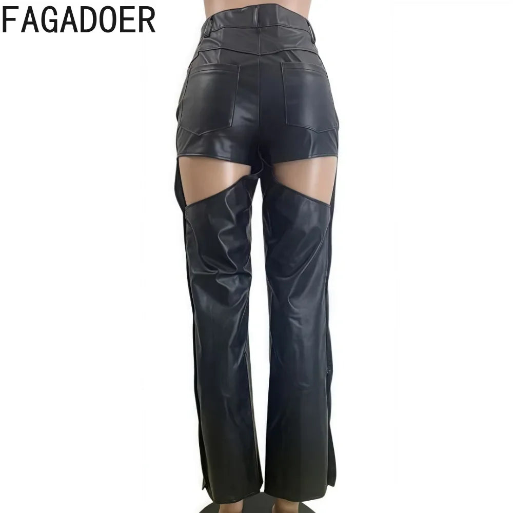 FAGADOER Leather Straight Pants For Women Y2k Streetwear Black Hollow Out Buttons Patchwork Pants Female Bottoms 2025 Spring New