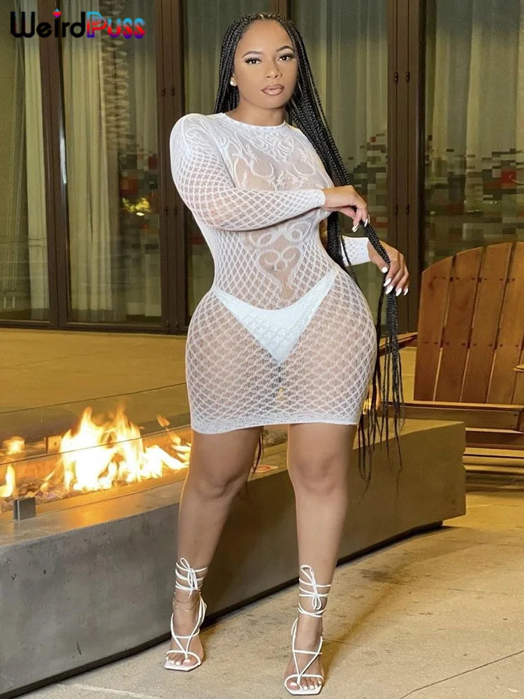 Weird Puss Sexy Women Dress See Through Long Sleeve Prom Coquette Backless Chic Pattern Mini Bodycon Midnight Party Clubwear