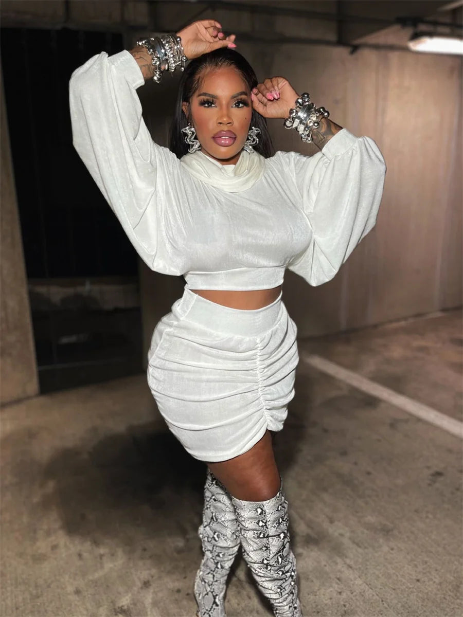 Weird Puss Sexy Hooded 2 Piece Set Women Basic Lantern Sleeves Crop Tops+Ruched Peach Buttocks Skirt Stretch Party Club Bodycon