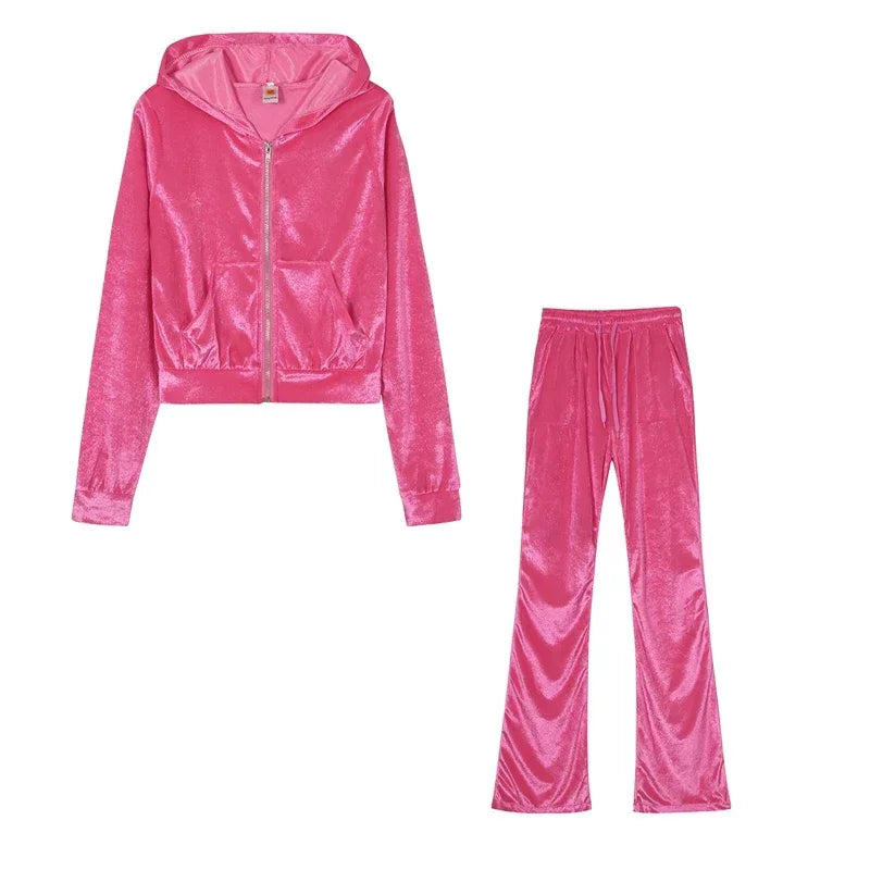 Fashion Trend Gold Velvet Pocket Hoodie Zipper Sweater Wide Leg Pants Two-piece Women's Suit