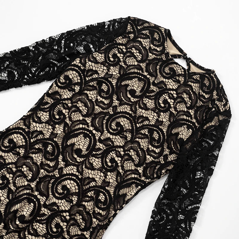 CUTENOVA Women'S Sexy Round Neck Pullover Lace Patchwork Lining Button Backless Long Sleeve See Through Slim Bundle Leg Jumpsuit
