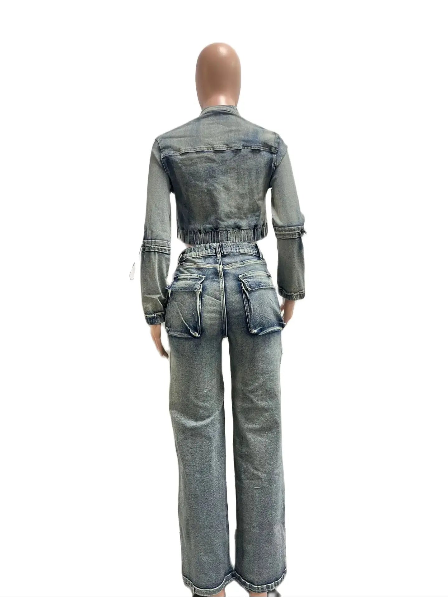 Denim Cropped Jackets 2 Piece Pant Set Sexy Outfits Y2K Streetwear 2024 Women Fall Winter Clothes Denim Jean Pant Two Piece Sets