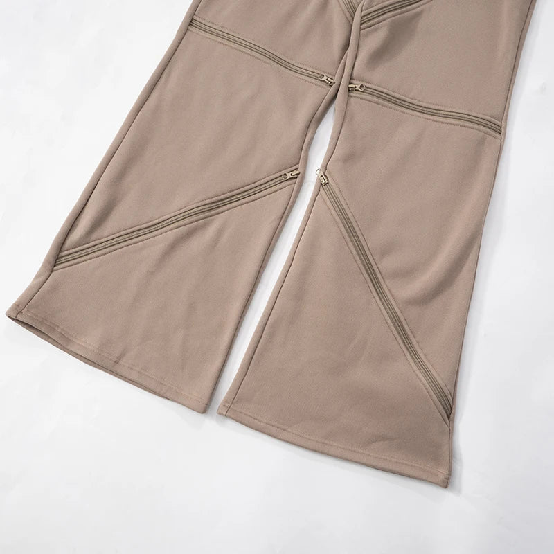 Weird Puss Zip Patchwork Pants Women Casual Sporty Solid Chic Devise Irregular Spring Fashion Basic Hipster Wide-Leg Trousers