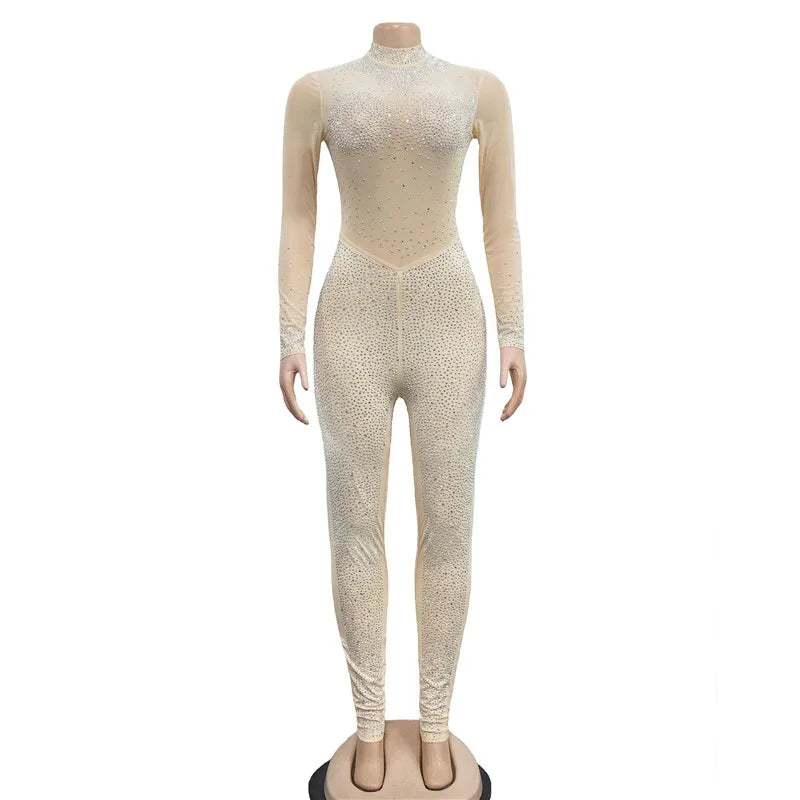 High Quality 2022 Long Sleeve Skinny Sexy Diamonds Jumpsuits Women High Neck Mesh See Through Black Club Party Jumpsuit Rompers