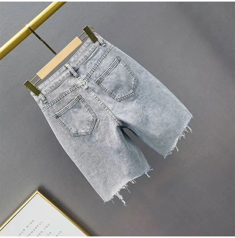 European ripped denim jeans 2025 summer new high-waist slim and heavy industry loose slimming five-point jeans