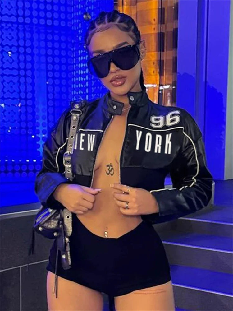 Weird Puss PU Patchwork Women Jacket Letter Print Hipster Button Zip Full Sleeve Trend Cool Street  Spring Outwear Crop Coat