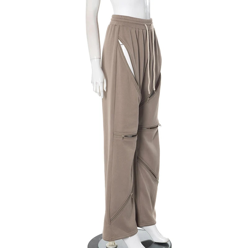 Weird Puss Zip Patchwork Pants Women Casual Sporty Solid Chic Devise Irregular Spring Fashion Basic Hipster Wide-Leg Trousers