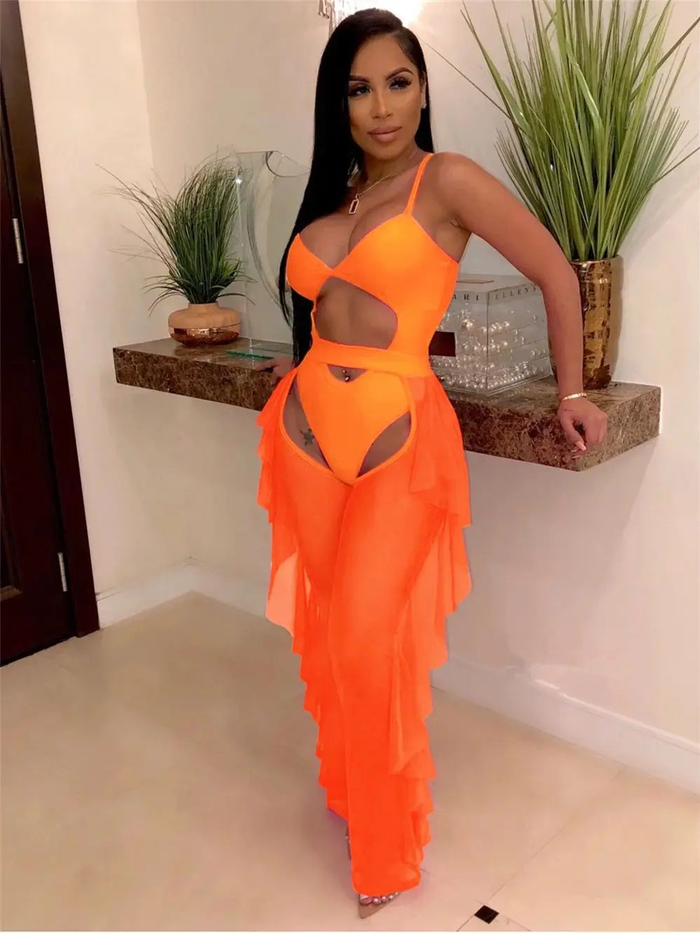 Weird Puss Summer 2 Piece Set Women Sexy Hollow See Through Bodysuit Top+Ruffles Pants Vacation Beach Matching Clubwear Outfits