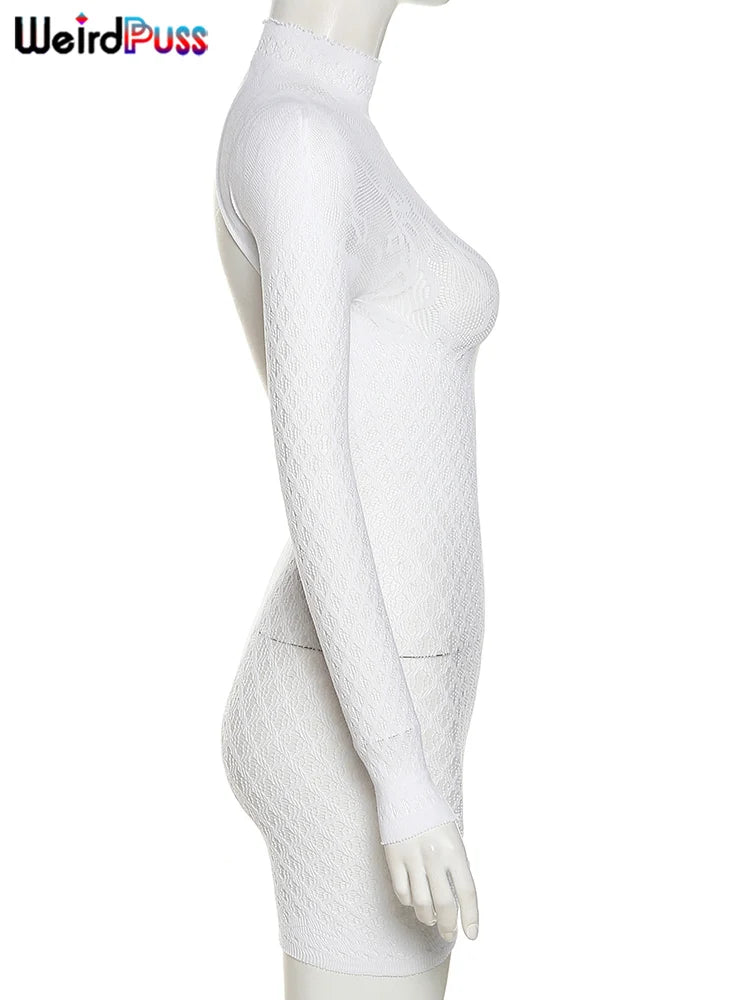 Weird Puss Sexy Women Dress See Through Long Sleeve Prom Coquette Backless Chic Pattern Mini Bodycon Midnight Party Clubwear