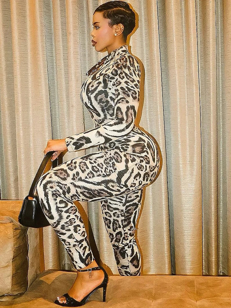 Nibber Peach Hip Leopard Print Jumpsuit Woman Autumn Trend Turtleneck Full Sleeve Skinny Hottie Midnight Sexy Fashion Overalls
