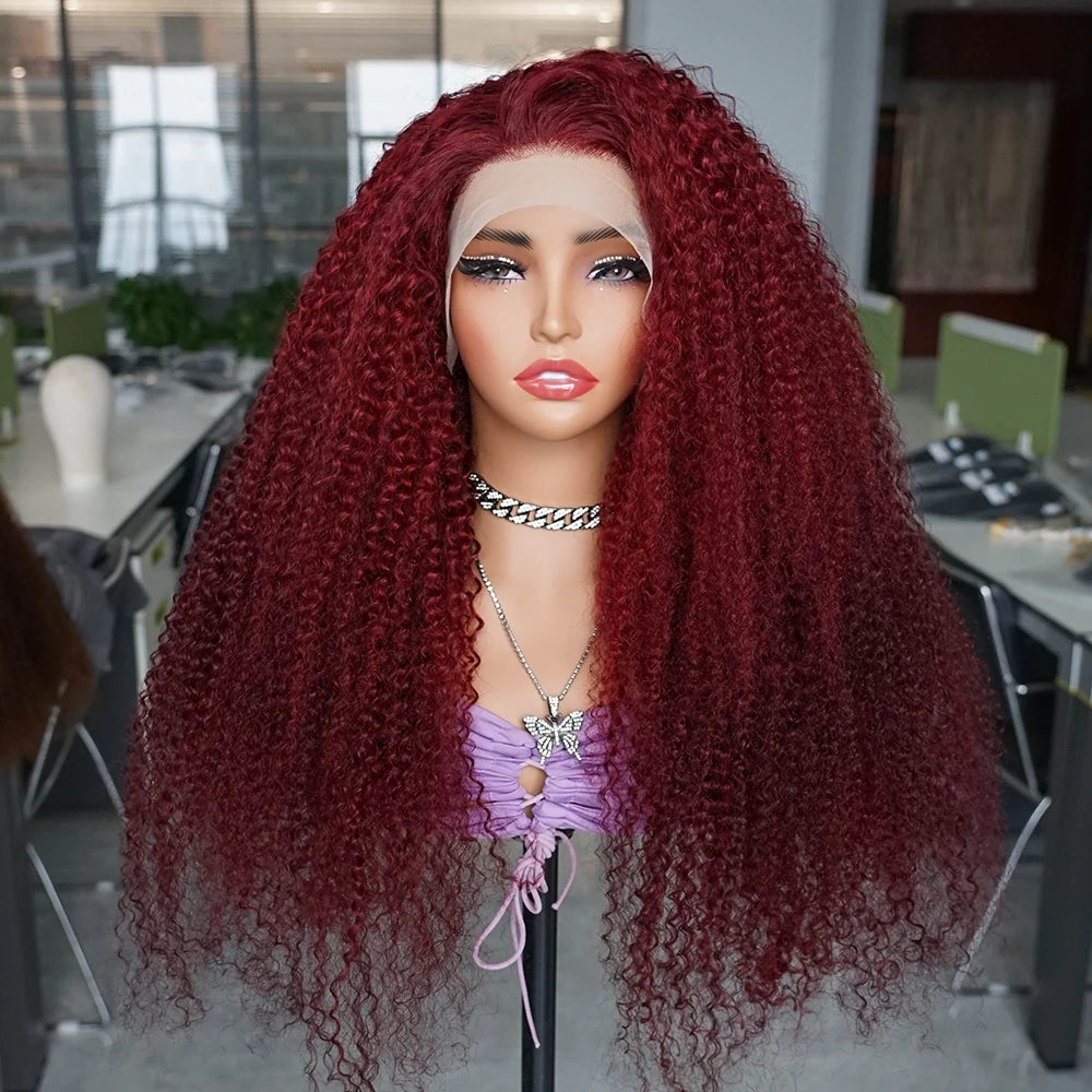 300% Density Kinky Curly 99J Burgundy Colored Human Hair Wig Pre-plucked Transparent Lace Front Wigs Baby Hair Color Wigs
