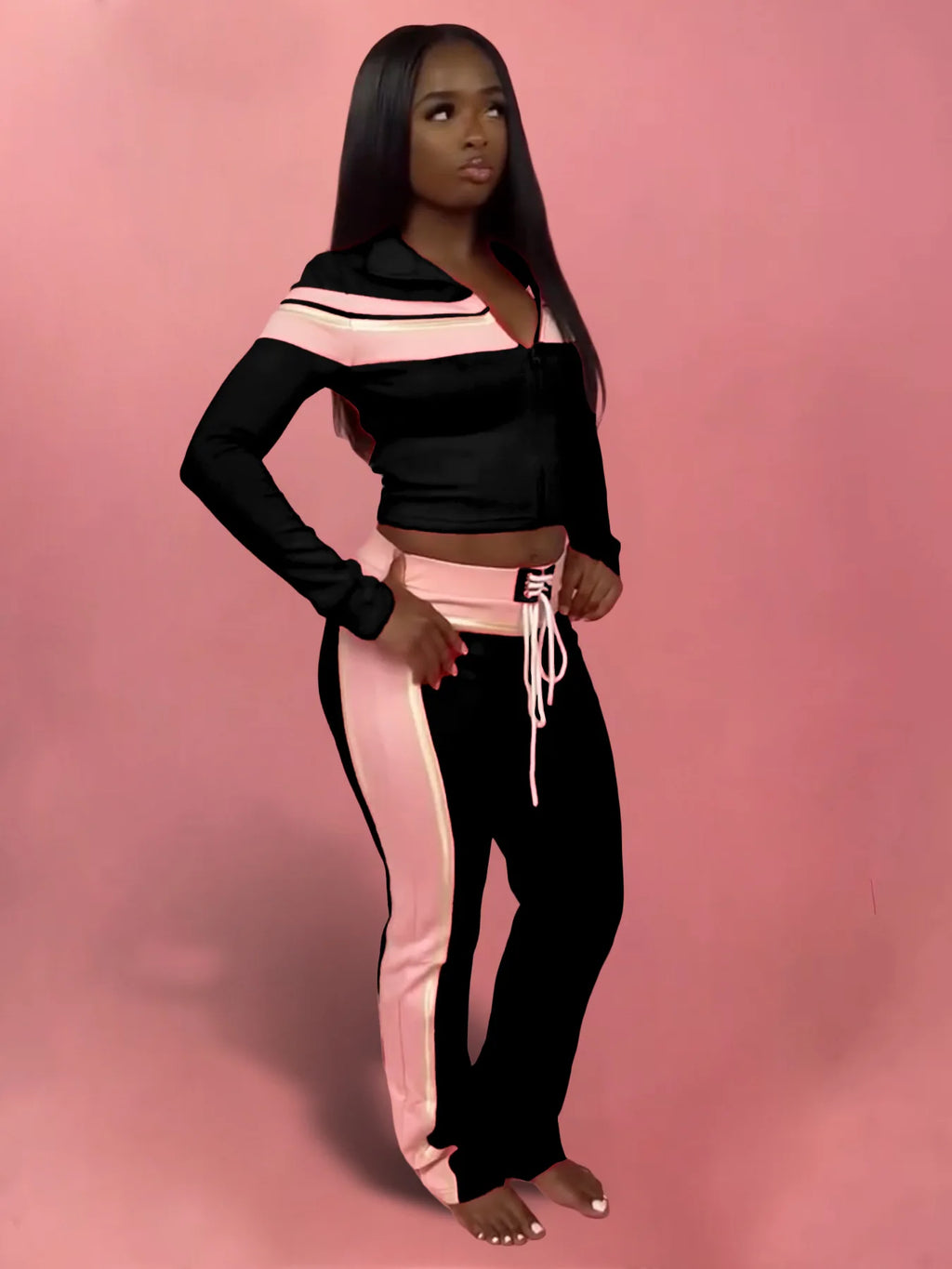Weird Puss Casual 3 Piece Set Women Patchwork Print Zip Long Sleeve Crop Tops+Bra+Shirring Pants Matching Street Stretch Outfits