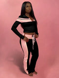 Weird Puss Casual 3 Piece Set Women Patchwork Print Zip Long Sleeve Crop Tops+Bra+Shirring Pants Matching Street Stretch Outfits