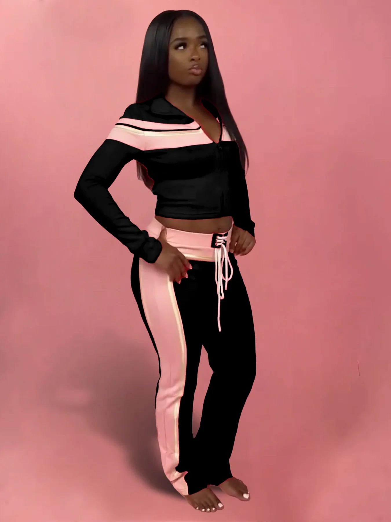 Weird Puss Casual 3 Piece Set Women Patchwork Print Zip Long Sleeve Crop Tops+Bra+Shirring Pants Matching Street Stretch Outfits