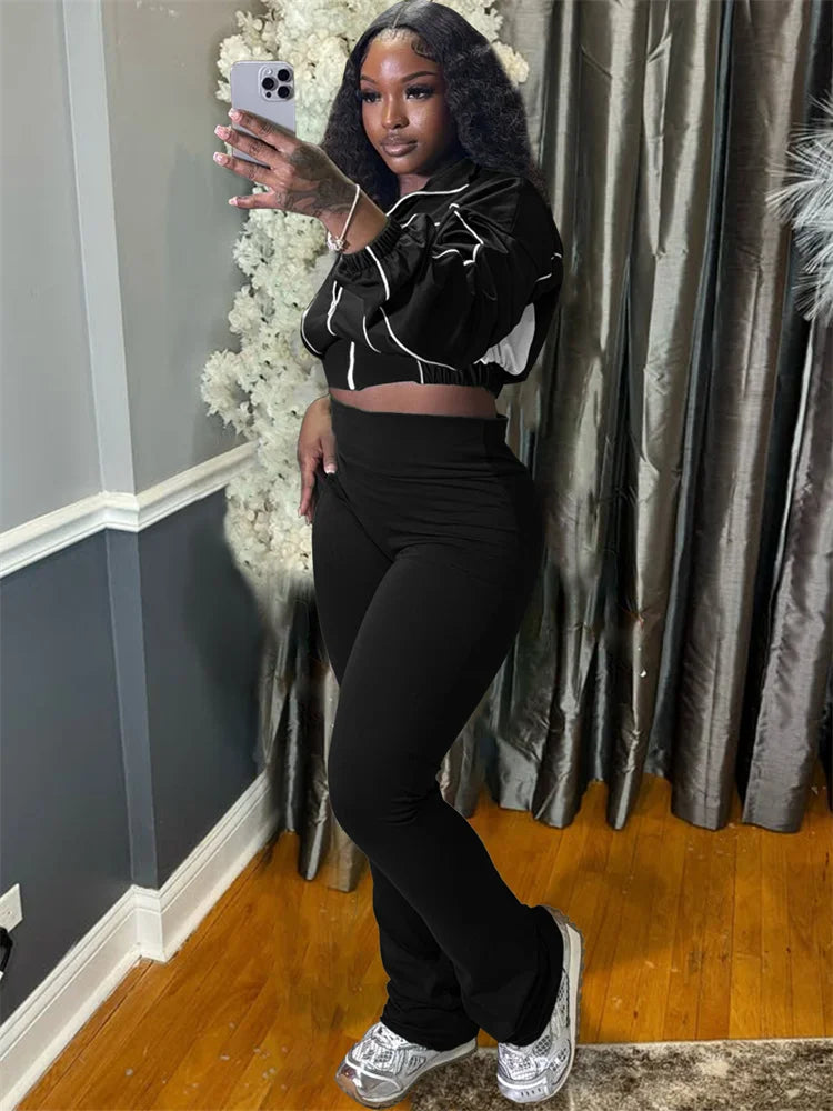 Weird Puss Casual 2 Piece Set Women Tracksuit Patchwork Full Sleeve Zip Elastic Hem Crop Jacket+Flared Pants Sporty Streetwear
