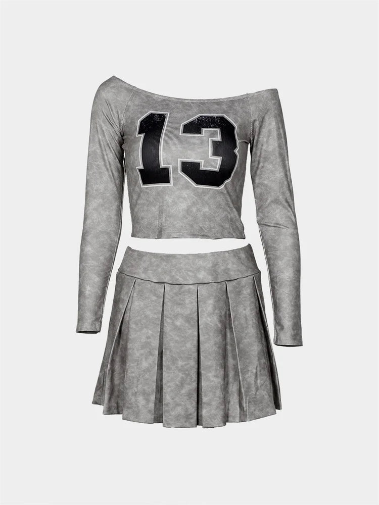 Weird Puss 2-Piece Set Women One Shoulder Long Sleeves Letter Print Biased Collar Crop Tops+Pleated Skirt Street Matching Suits