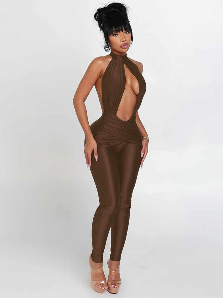 Weird Puss Halter Backless Jumpsuit Woman Sexy Hollow Fit Patchwork Waist Ruched Midnight Activity Workout Streetwear Overalls