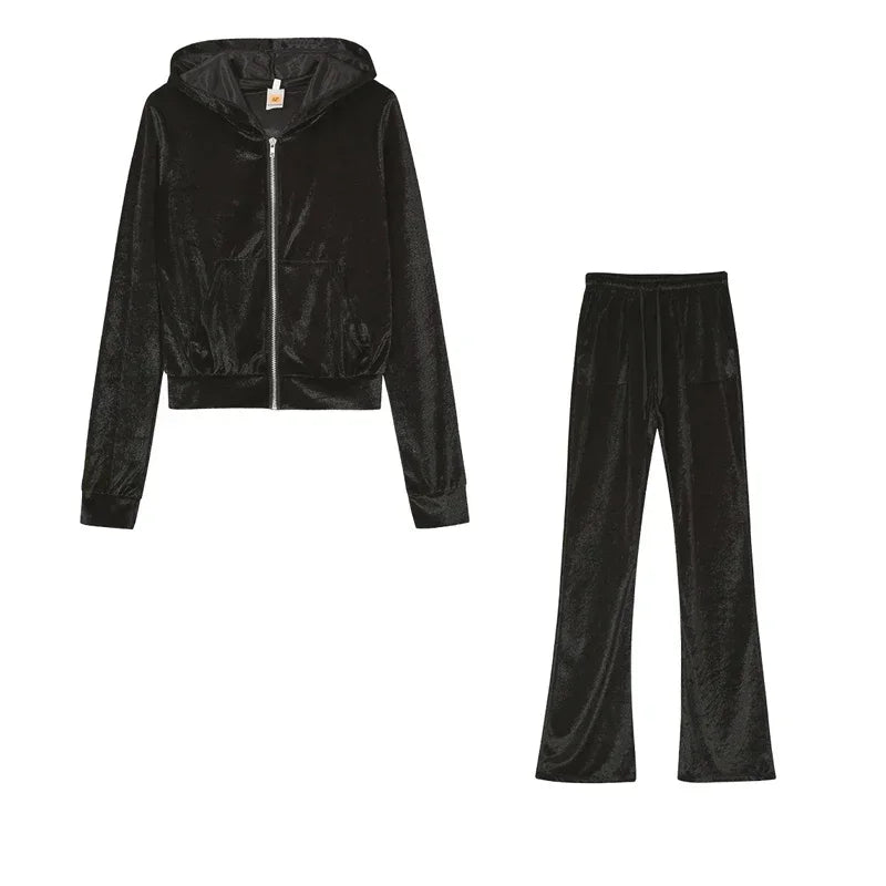 Fashion Trend Gold Velvet Pocket Hoodie Zipper Sweater Wide Leg Pants Two-piece Women's Suit