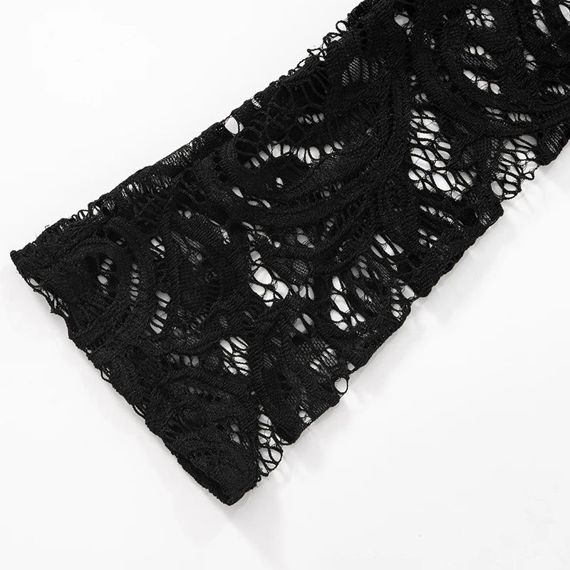 CUTENOVA Women'S Sexy Round Neck Pullover Lace Patchwork Lining Button Backless Long Sleeve See Through Slim Bundle Leg Jumpsuit