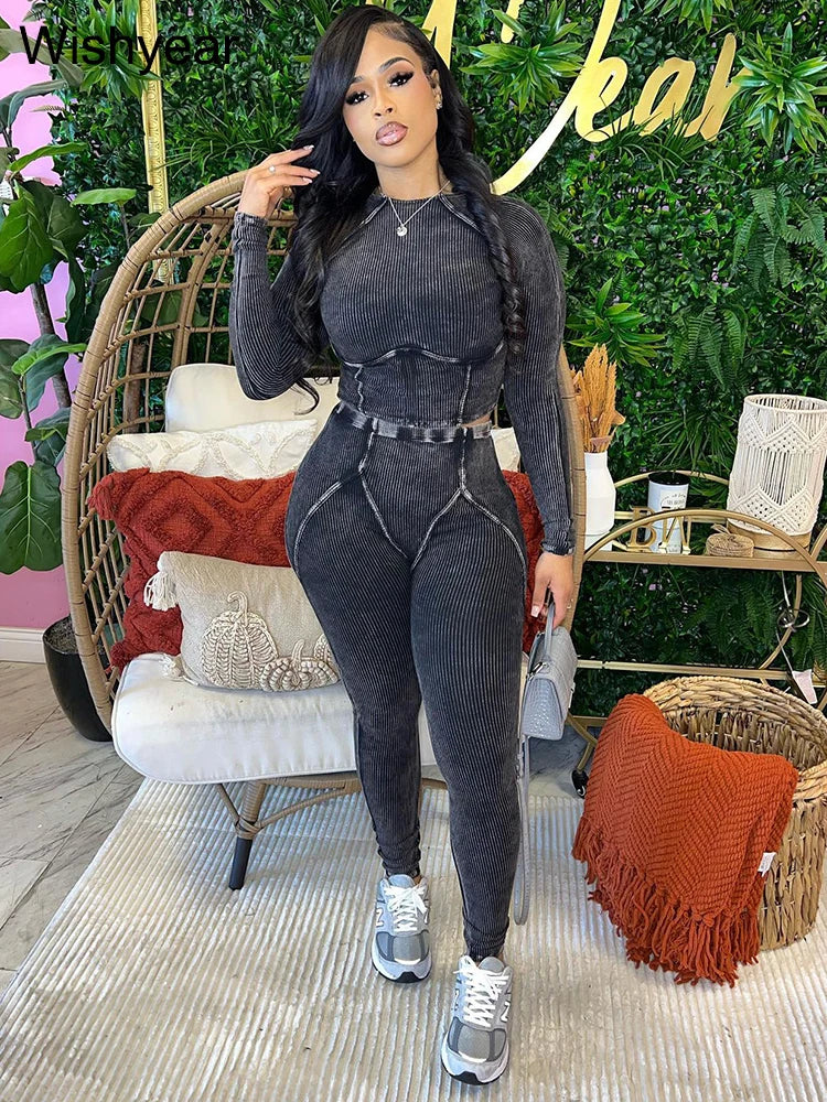 Fitness Blue Knitted Ribbed Street Jogging Tracksuits Women's Long Sleeve Crop Tops and Pants Two 2 Piece Sets Birthday Outfits