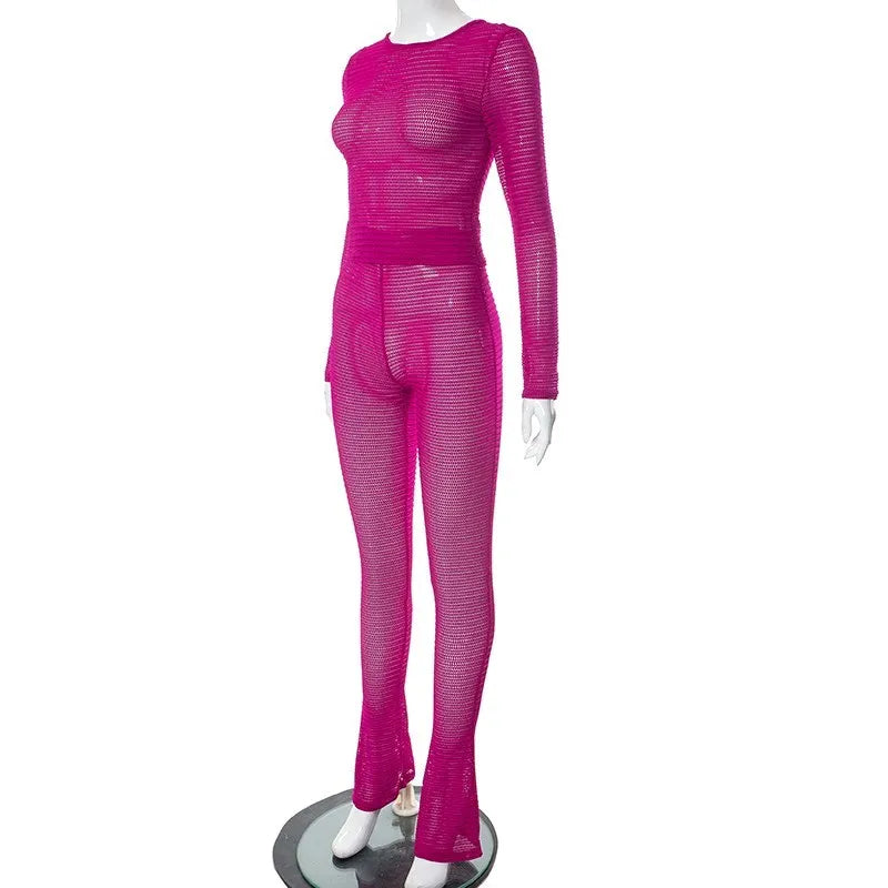 Weird Puss See Through Women 2 Piece Set Thin Sexy Long Sleeve Crop Tops+Leggings Matching Solid Summer Fashion Stretch Clubwear