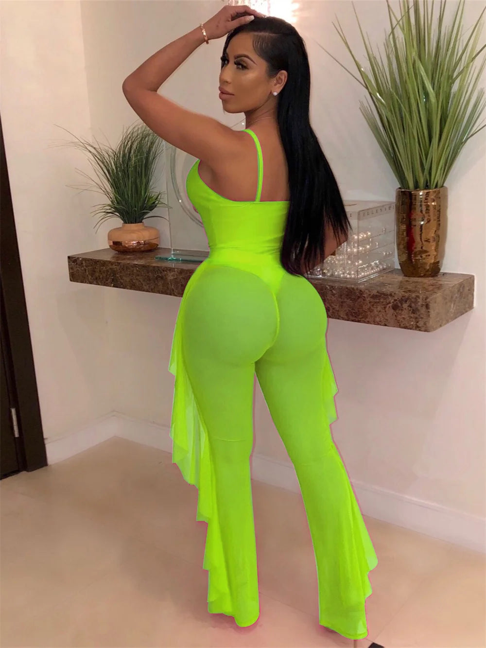 Weird Puss Summer 2 Piece Set Women Sexy Hollow See Through Bodysuit Top+Ruffles Pants Vacation Beach Matching Clubwear Outfits