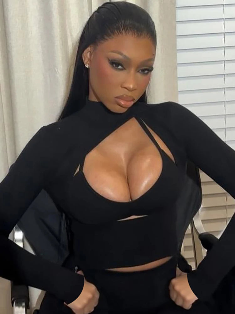 Weird Puss Sexy Hipster 3 Piece Set Woman Camisole+Turtleneck Hollow Full Sleeve Crop Tops+Pants Street Stretch Street Outfits