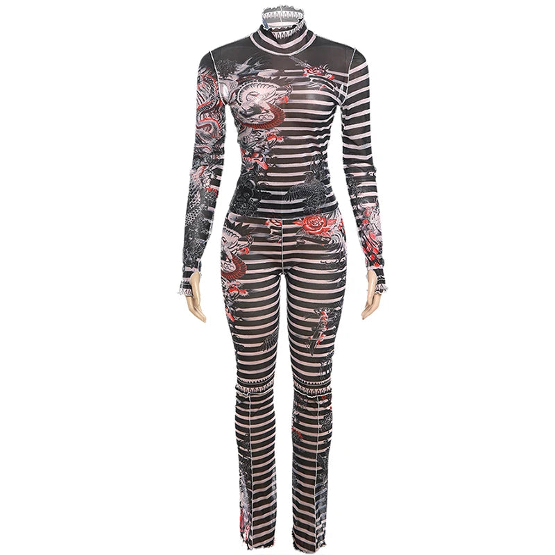 Weird Puss Aesthetic Print Sexy Women 2 Piece Set See Through Midnight Spring Turtleneck Crop Tops+Pants Stretch Skinny Clubwear
