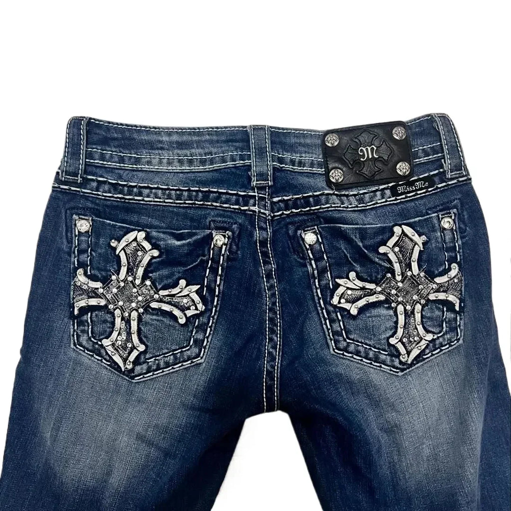 Hip Hop Harajuku Wide Pants Y2K New Gothic Revival Mens Jeans Foliage Bootcut Women Blue Denim Embroidery Pocket Streetwear