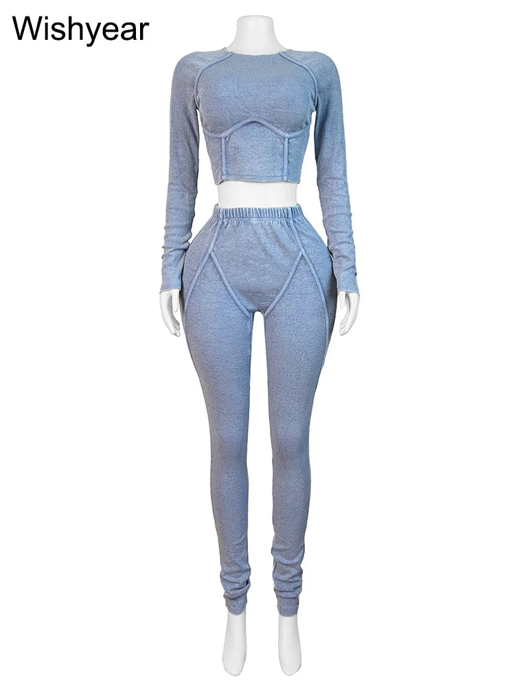 Fitness Blue Knitted Ribbed Street Jogging Tracksuits Women's Long Sleeve Crop Tops and Pants Two 2 Piece Sets Birthday Outfits