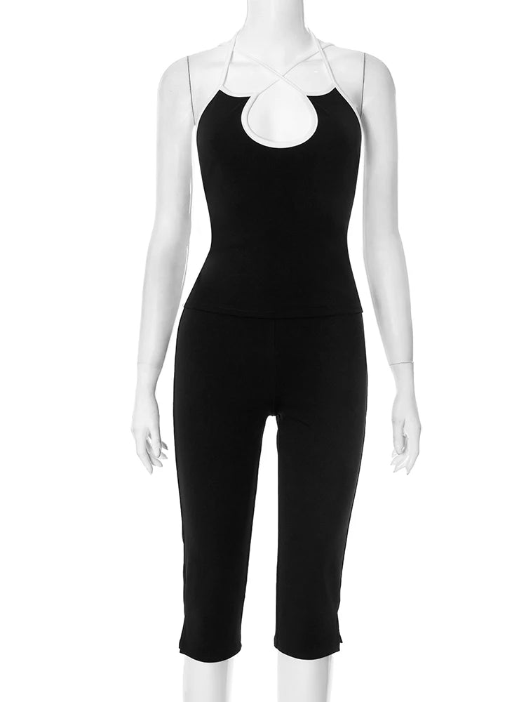 Weird Puss Casual Tracksuit 2 Piece Set Women Contrast Lace-Up Halter Backless Camisole+Stretch Pants Simple Fashion Outfits
